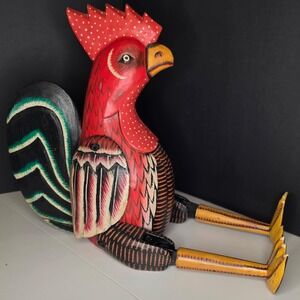 Pier 1 Folk Art Hand Painted Wooden Rooster Shelf Sitter Red Folk Art